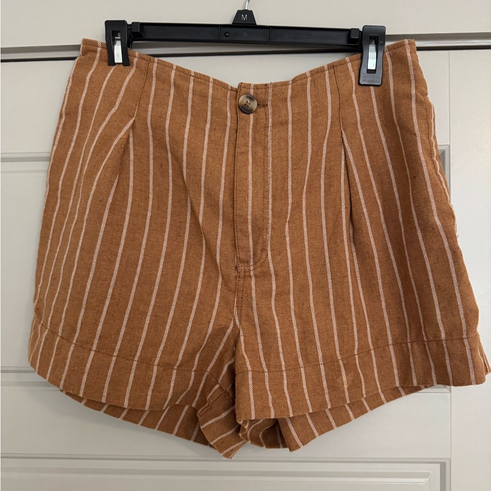 Free People High-Rise Striped Linen-Blend Shorts in Rust and White